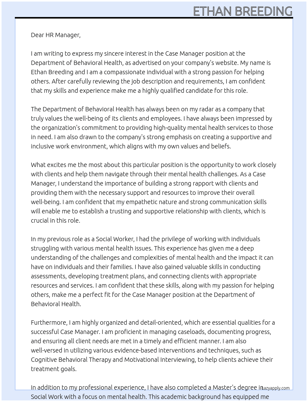 Case Manager At Department of Behavioral Health Cover Letter