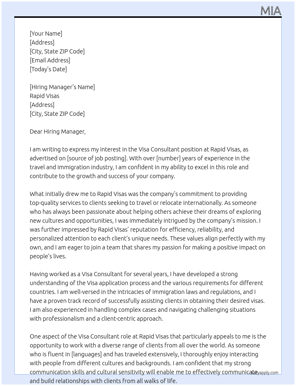 Visa Consultant At Rapid Visas Cover Letter