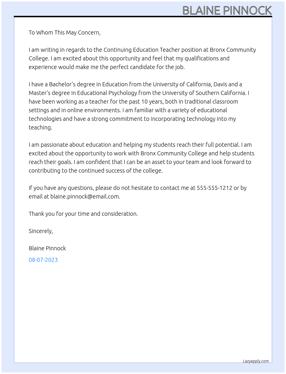 Continuing Education Teacher At Bronx Community College Cover Letter