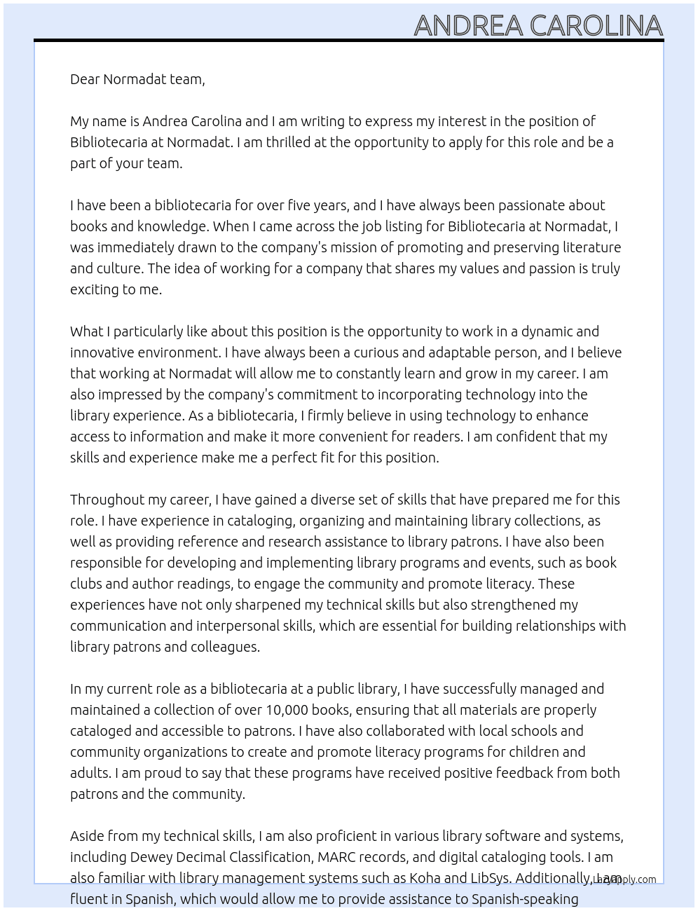 Bibliotecaria At Normadat Cover Letter