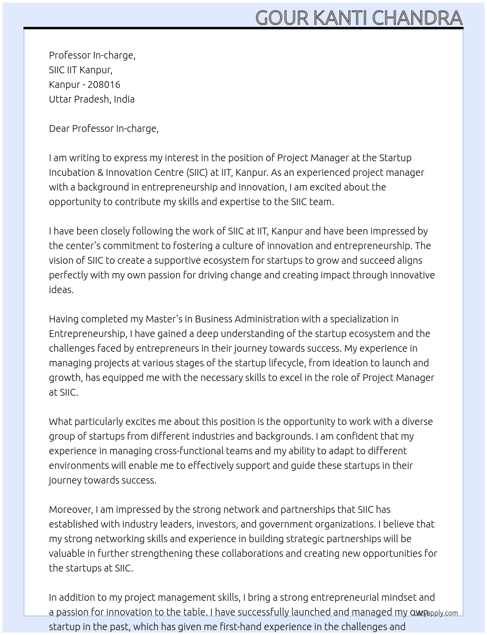 Project Manager, Startup Incubation & Innovation Centre At IIT, Kanpur Cover Letter
