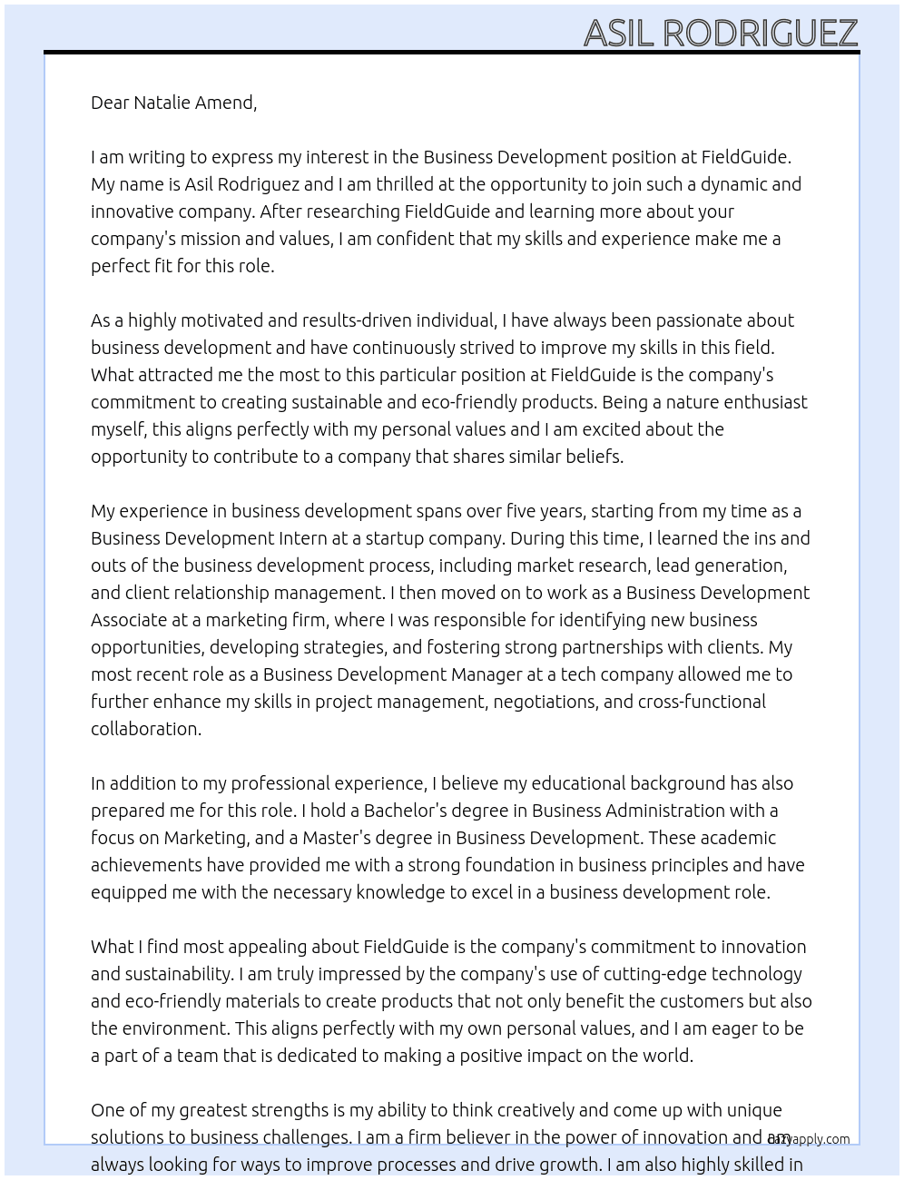 business development At FieldGuide Cover Letter