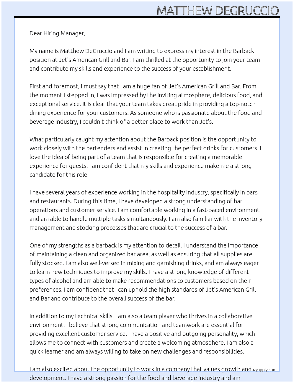 Barback At Jet's American Grill and Bar Cover Letter