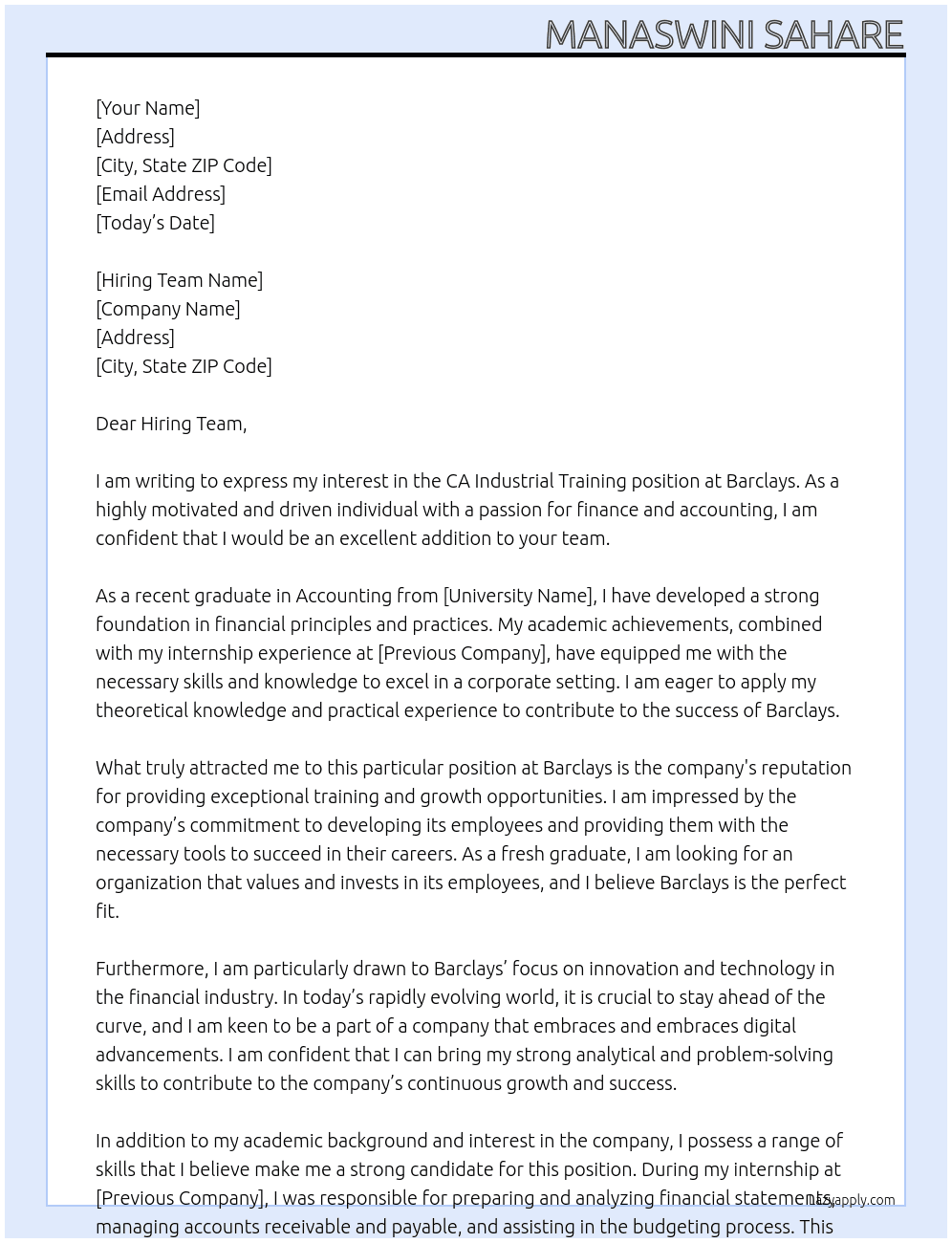 CA Industrial Training At Barclays Cover Letter