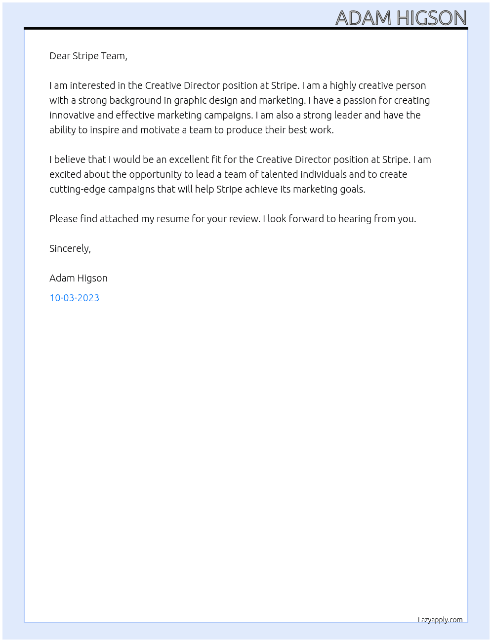 Creative Director At Stripe Cover Letter
