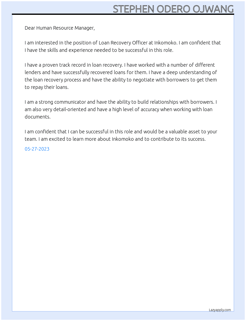 Loan Recovery Officer At Inkomoko Cover Letter