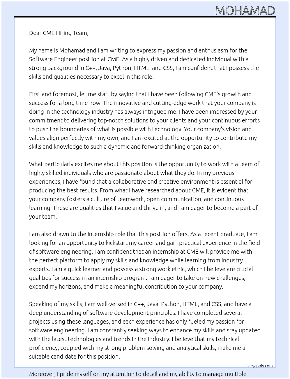 Software Engineer At CME Cover Letter