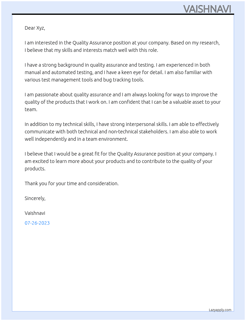 QA At Xyz Cover Letter