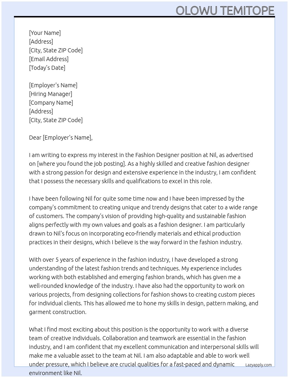 Fashion designer  At Nil Cover Letter