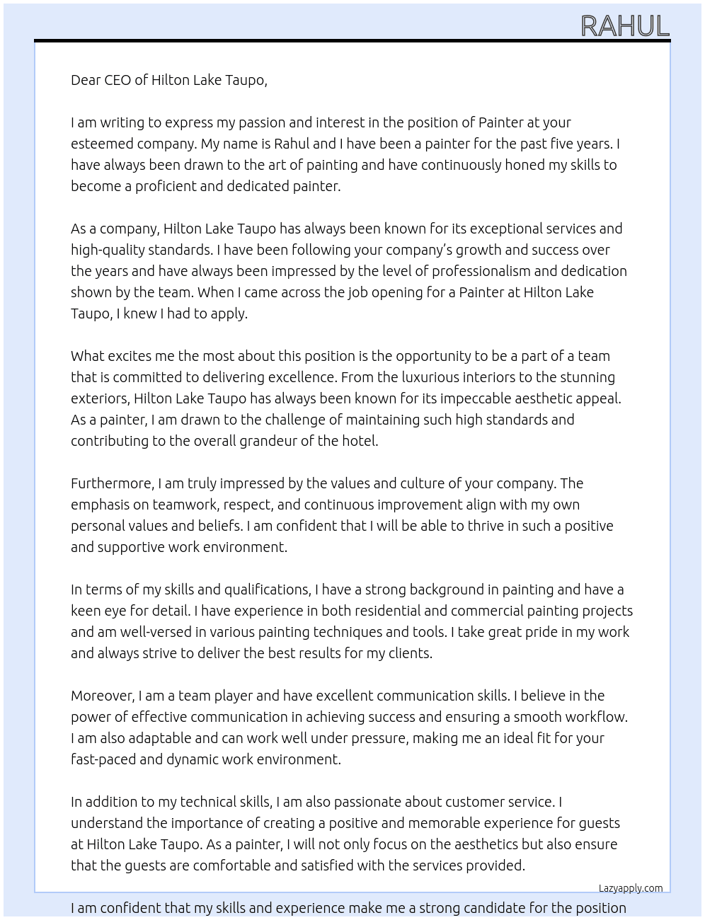 Painter  At Hilton Lake Taupo  Cover Letter