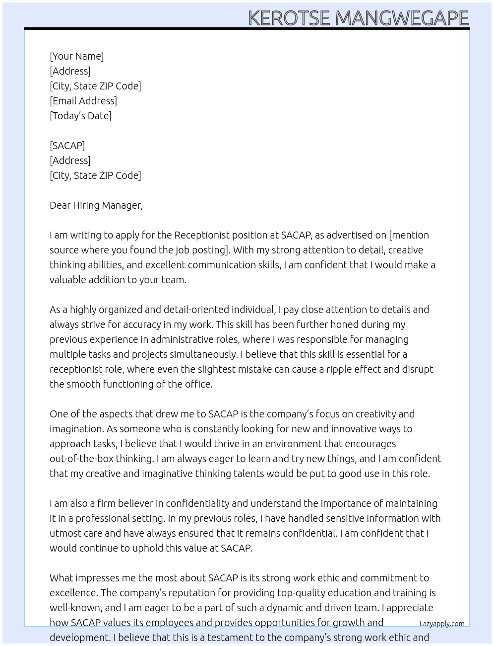 Receptionist At SACAP Cover Letter