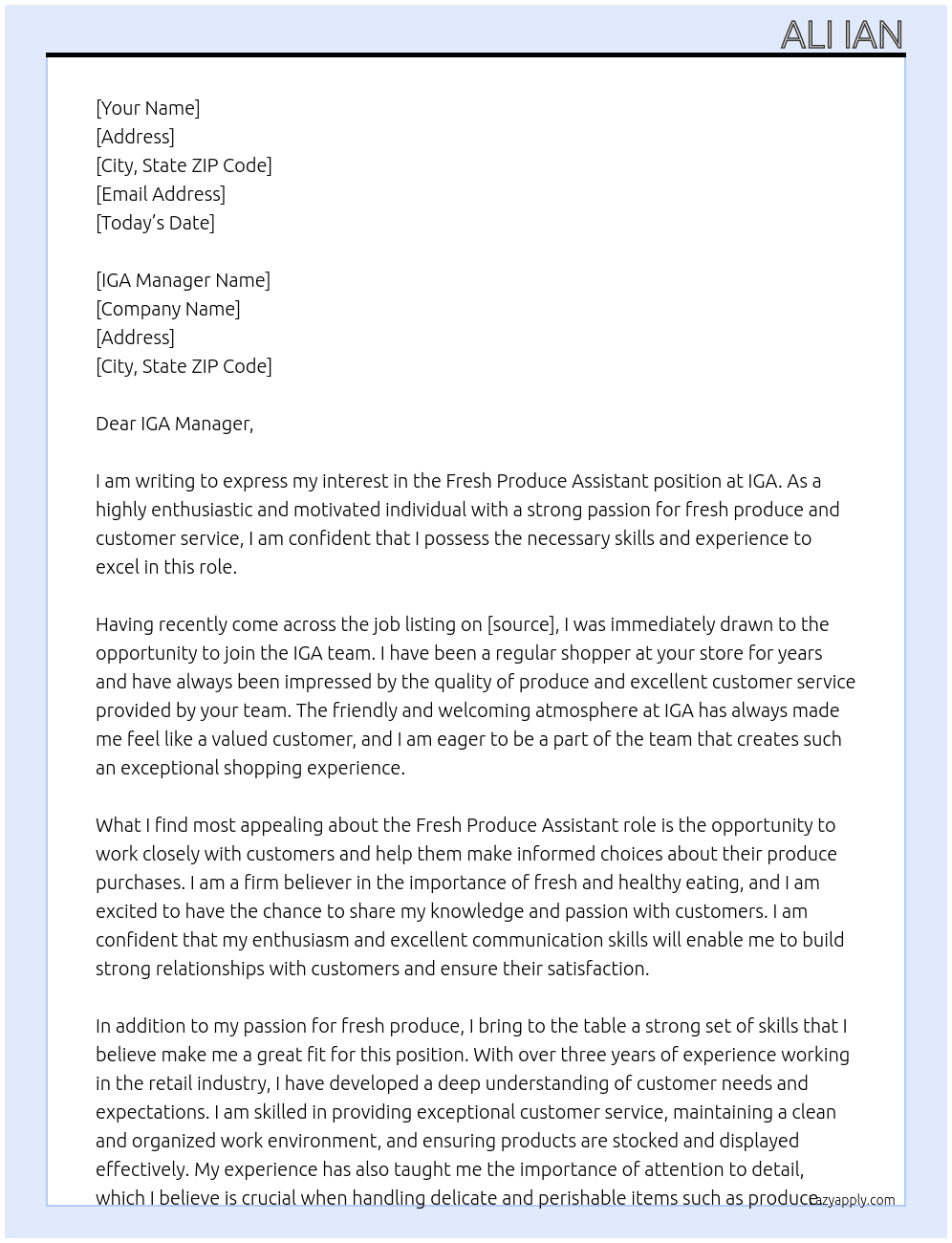 Fresh Produce Assistant At IGA Cover Letter