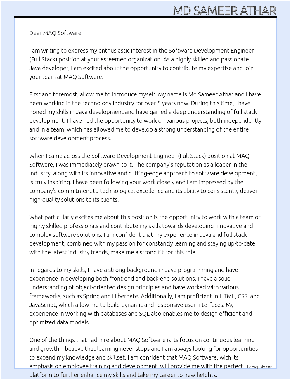 Software Development Engineer (Full Stack) At MAQ Software Cover Letter