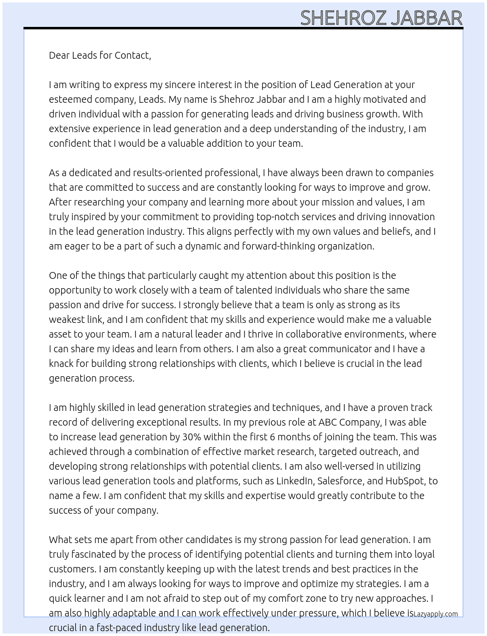 Lead Generation At Leads  Cover Letter