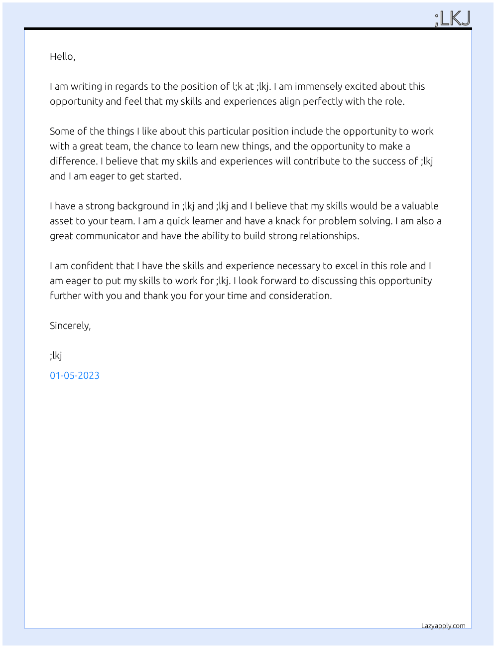 l;k At ;lkj Cover Letter