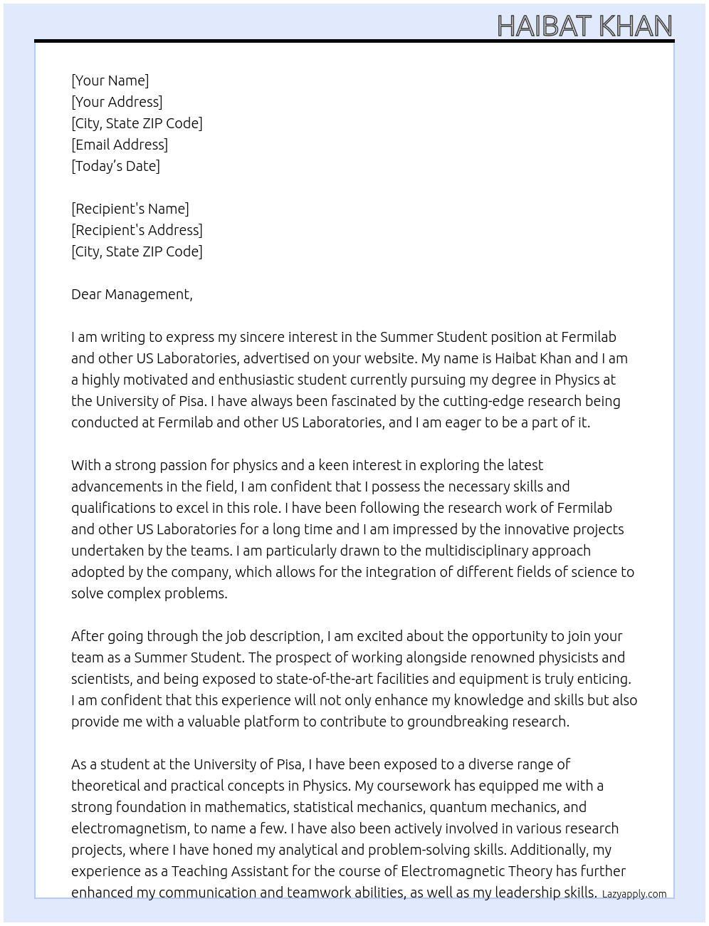 Summer Student at Fermilab and Other US Laboratories At university of pisa Cover Letter