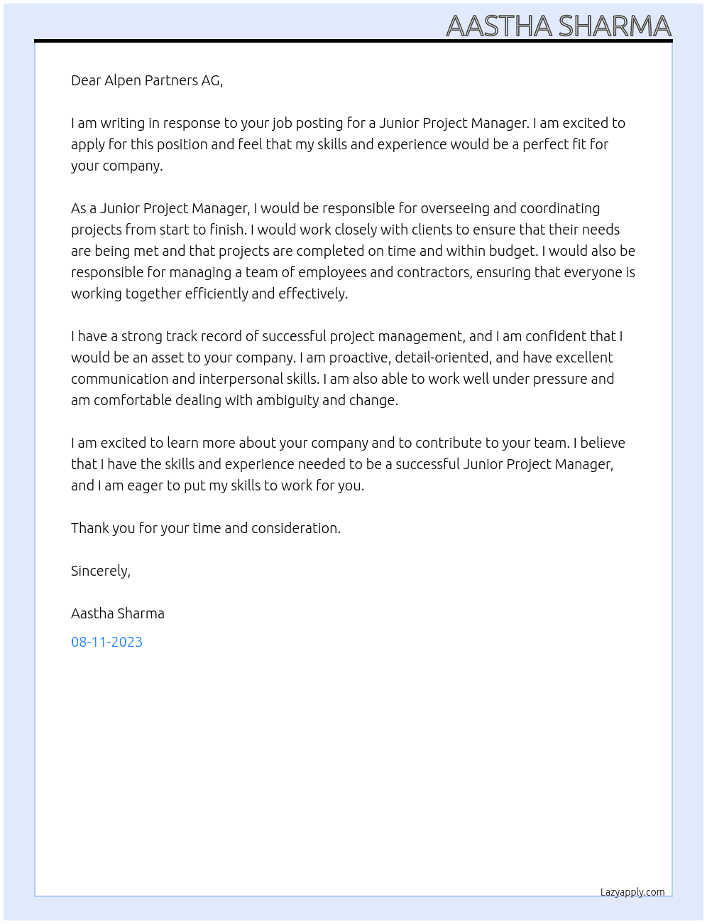 Junior Project manager At Alpen Partners AG Cover Letter