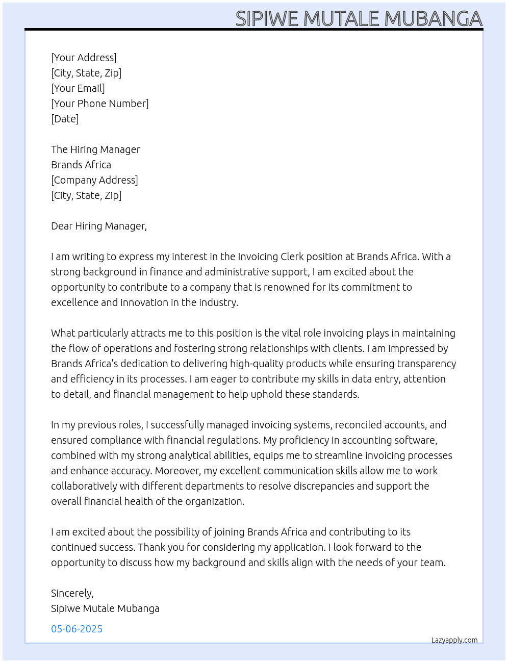 Cover letter for invoicing clerk - LazyApply
