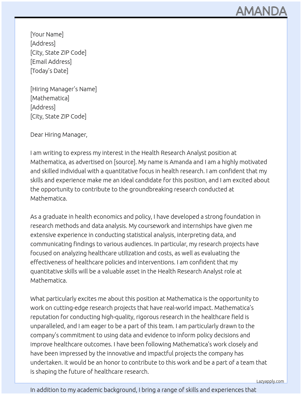 Health Research Analyst (Quantitative focus) At Mathematica Cover Letter
