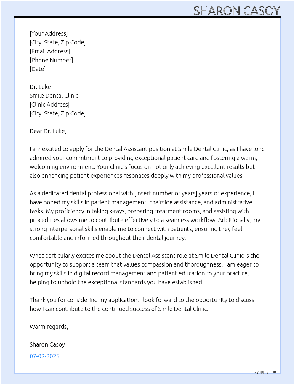 Dental Assistant At Smile Dental Clinic Cover Letter