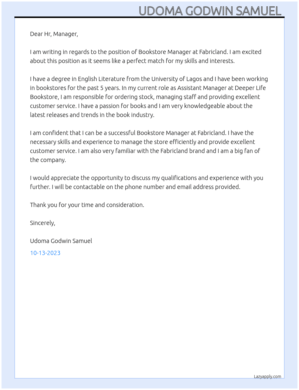 Bookstore Manager  At Fabricland  Cover Letter