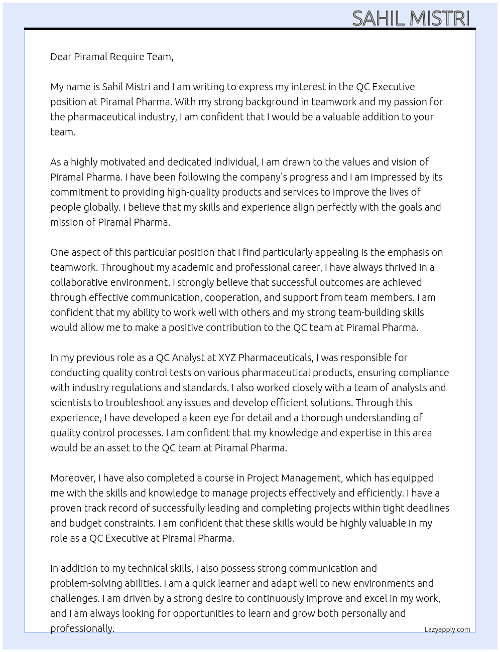 QC Executive  At Piramal Pharma  Cover Letter