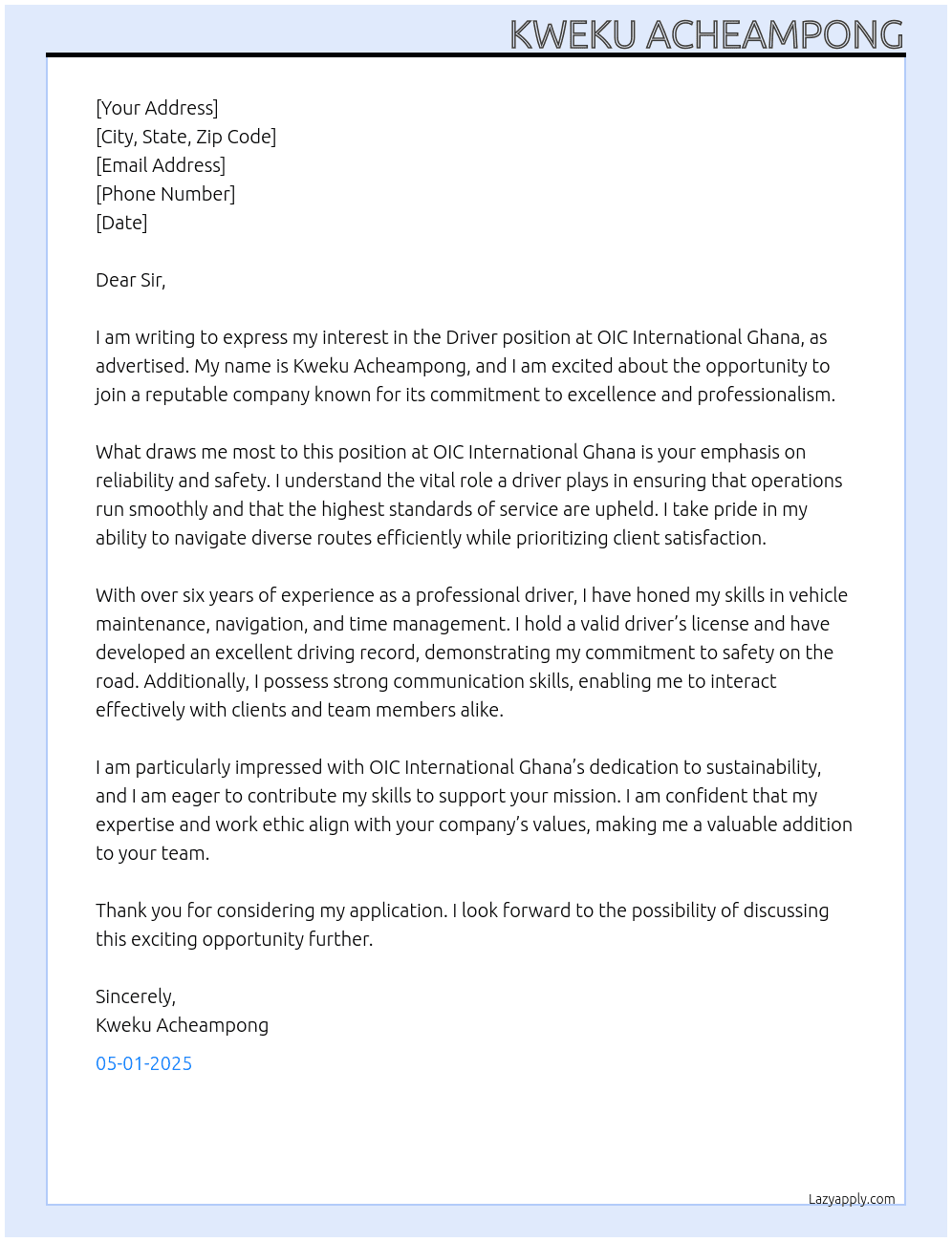 DRIVER At OIC International Ghana Cover Letter