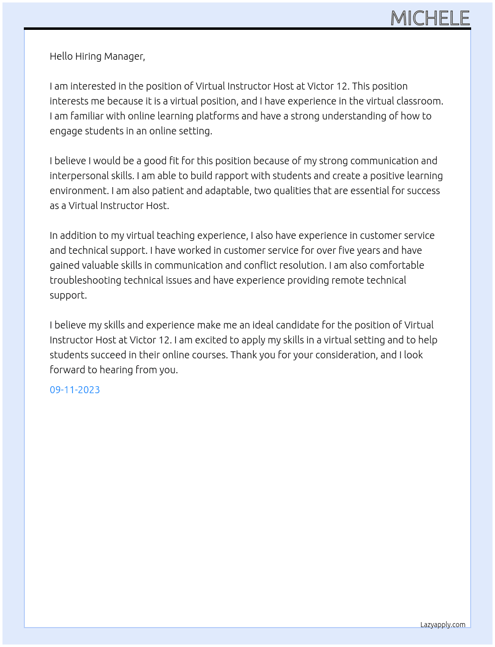 Virtual Instructor Host At victor 12 Cover Letter