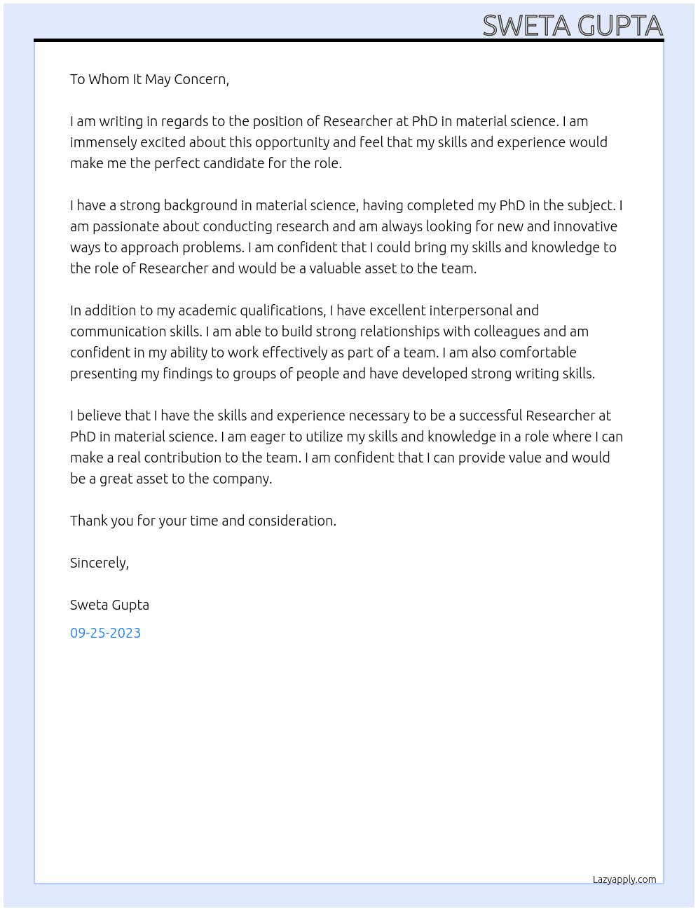 Researcher At PhD in material science Cover Letter