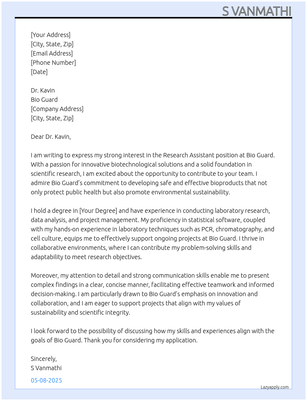 Research Assistant At Bio Guard Cover Letter