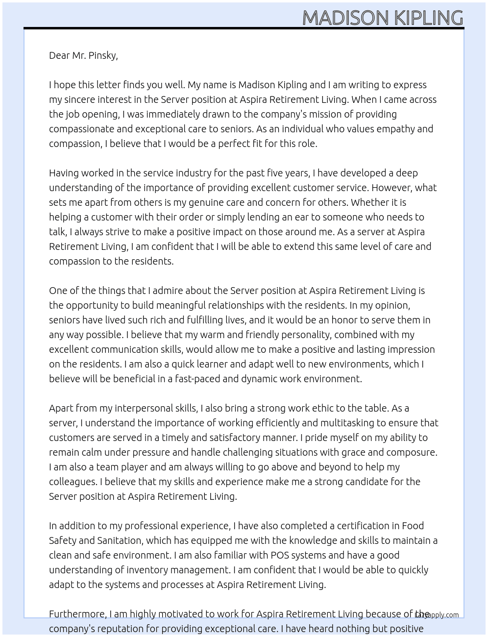 Server At Aspira Retirement Living Cover Letter