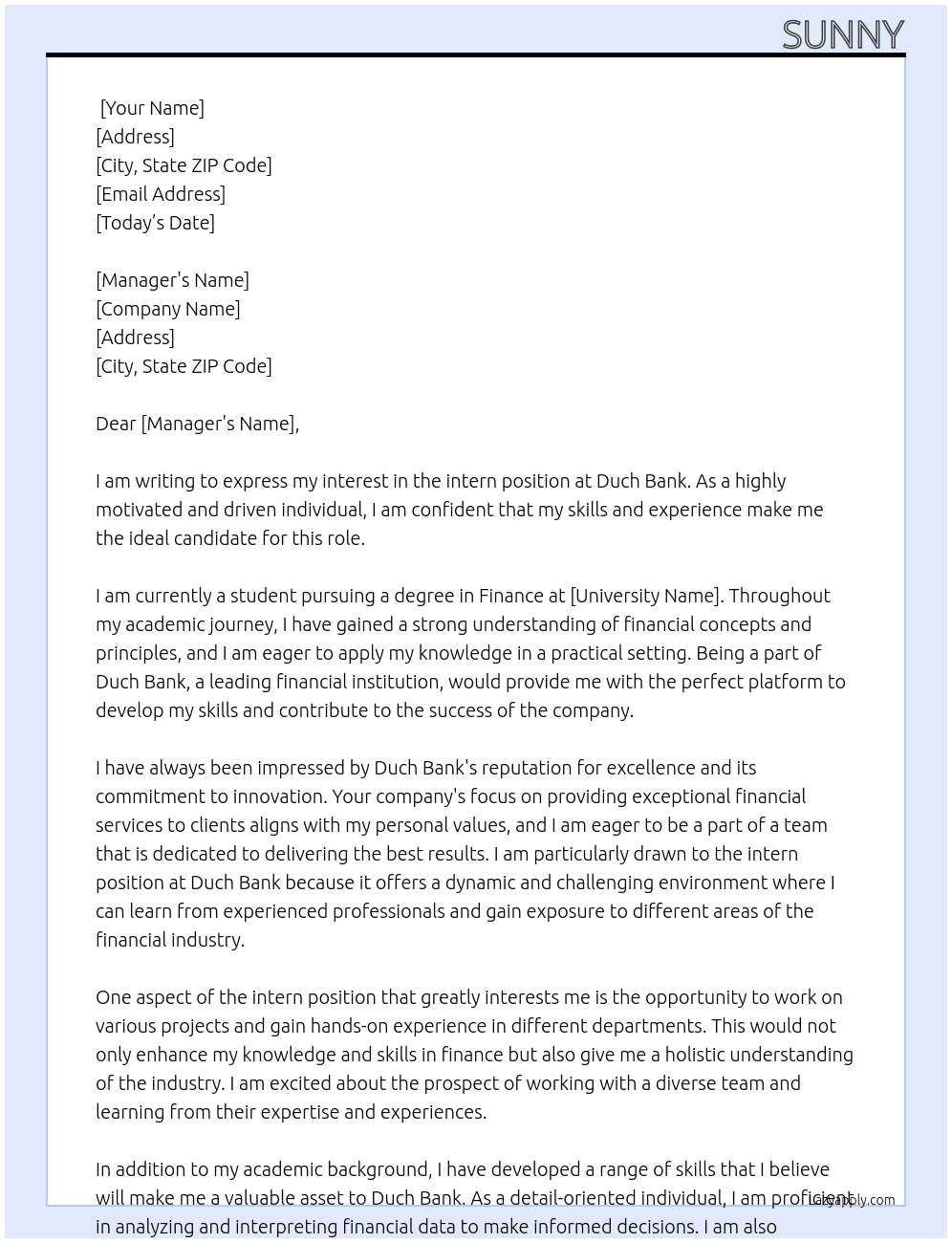 intern At duch bank Cover Letter