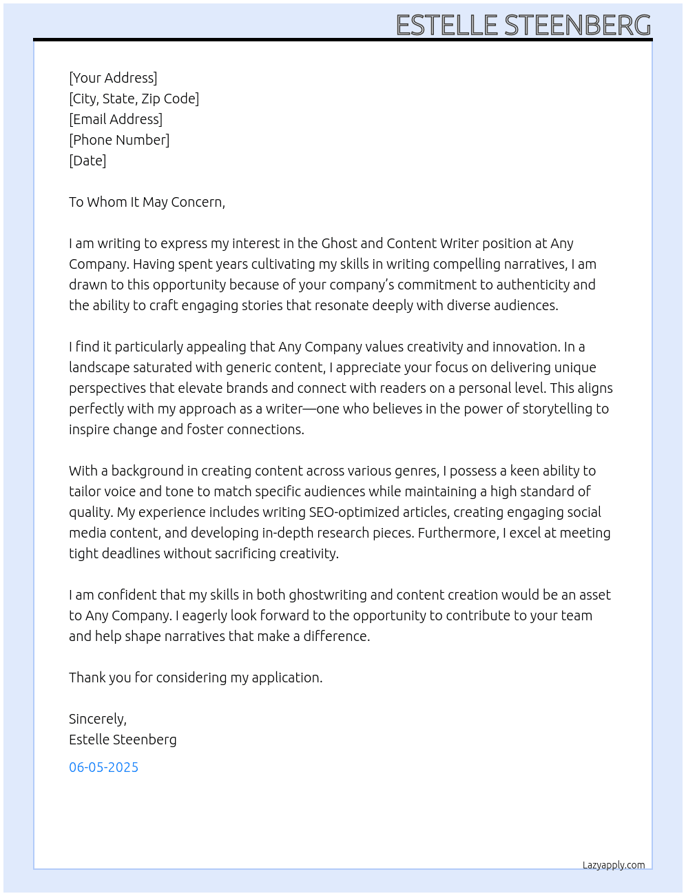 Cover letter for ghost  and content writer - LazyApply