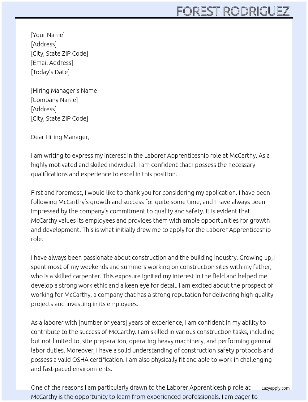 Laborer  At Mccarthy  Cover Letter