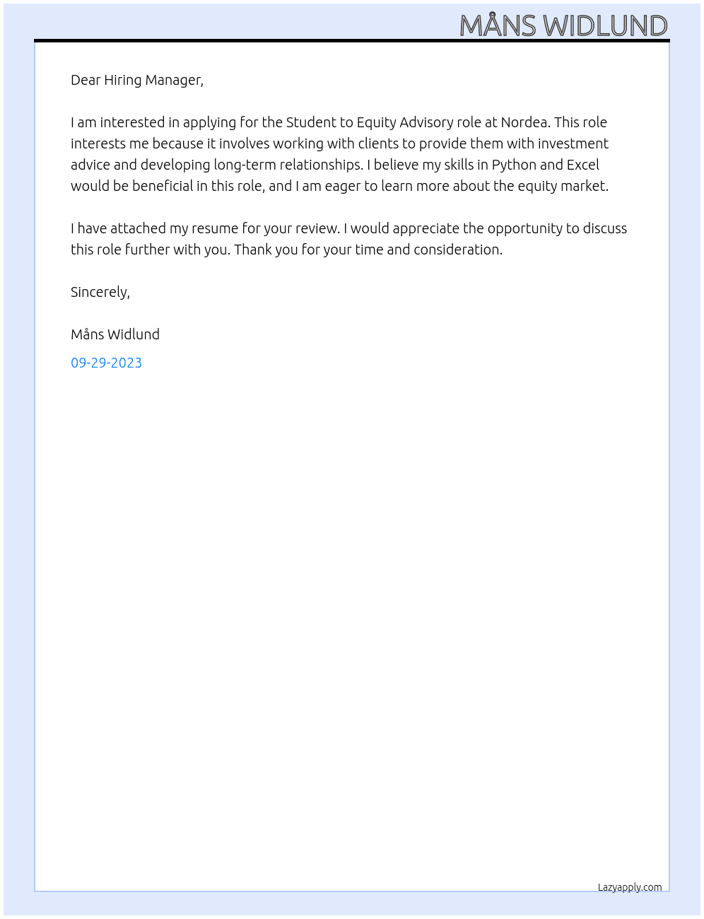 Student to Equity Advisory At Nordea Cover Letter
