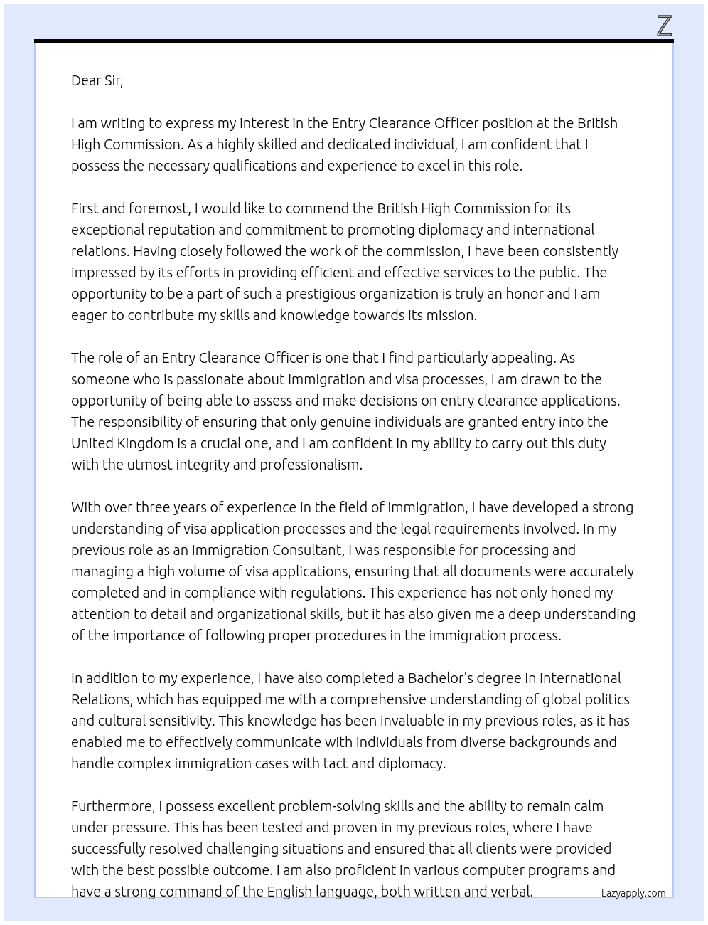Entry clearance officer  At British high commission  Cover Letter