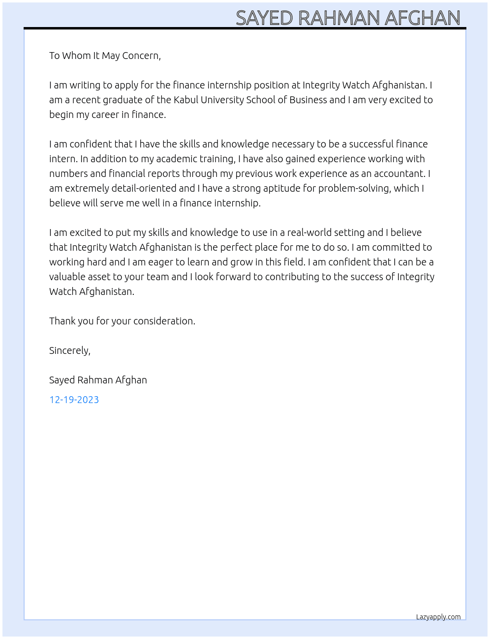 Finance internships  At Integrity Watch Afghanistan Cover Letter