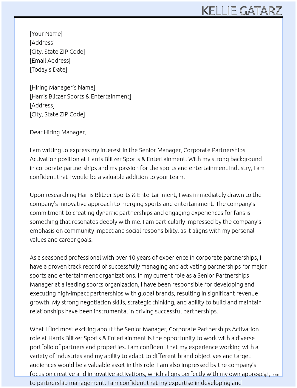 Senior Manager, Corporate Partnerships Activation At Harris Blitzer Sports & Entertainment Cover Letter