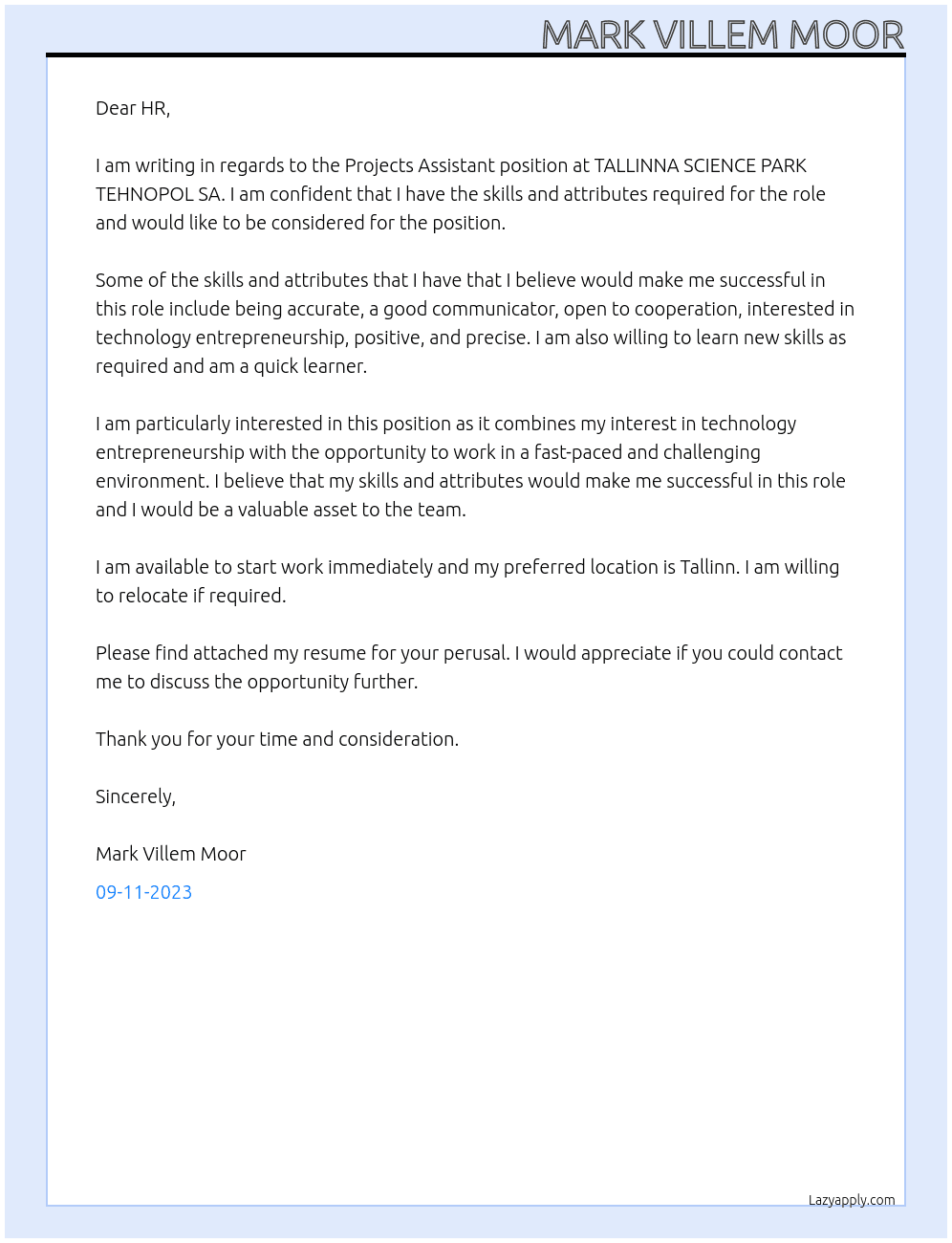 Projects Assistant At TALLINNA SCIENCE PARK TEHNOPOL SA Cover Letter