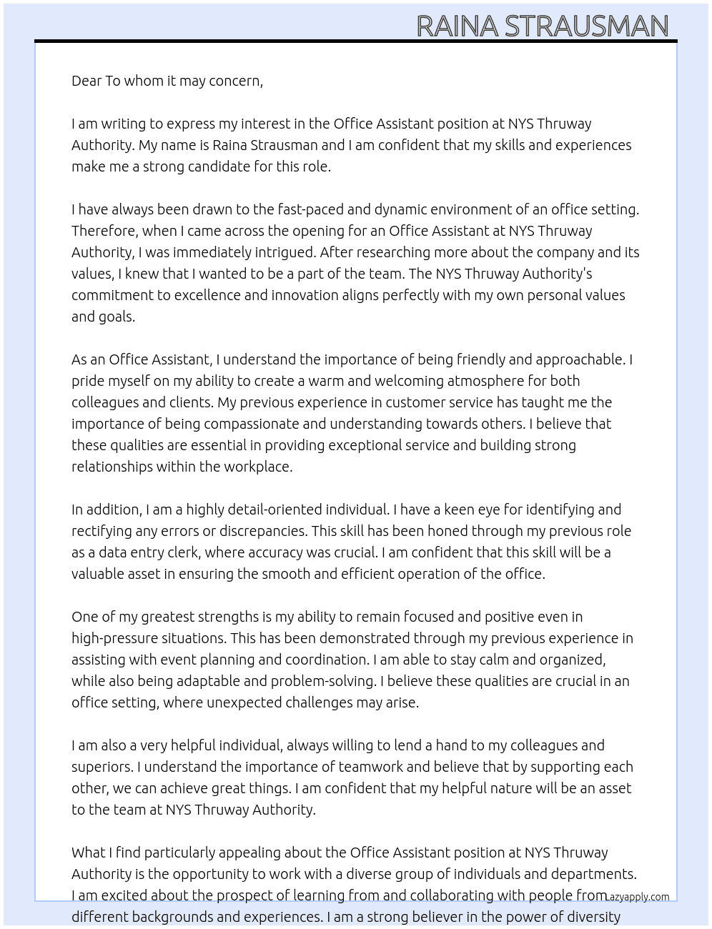 Office Assistant  At NYS  Thruway Authority Cover Letter