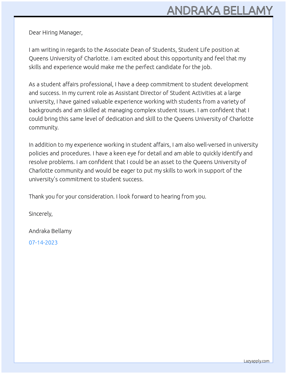 Associate Dean of Students, Student Life At Queens University of Charlotte  Cover Letter