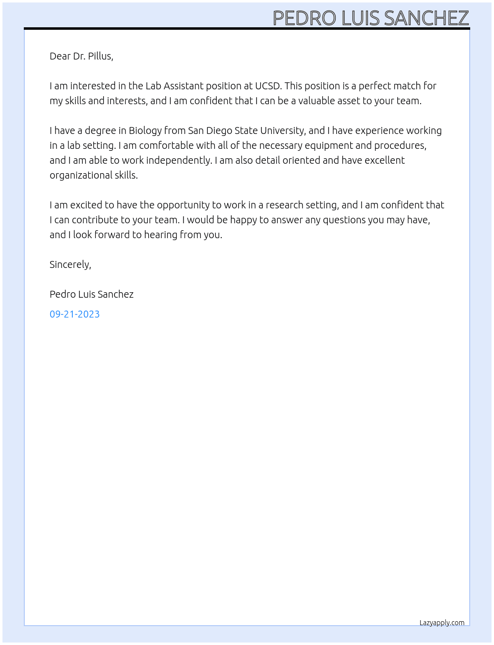 Lab Assistant  At UCSD  Cover Letter