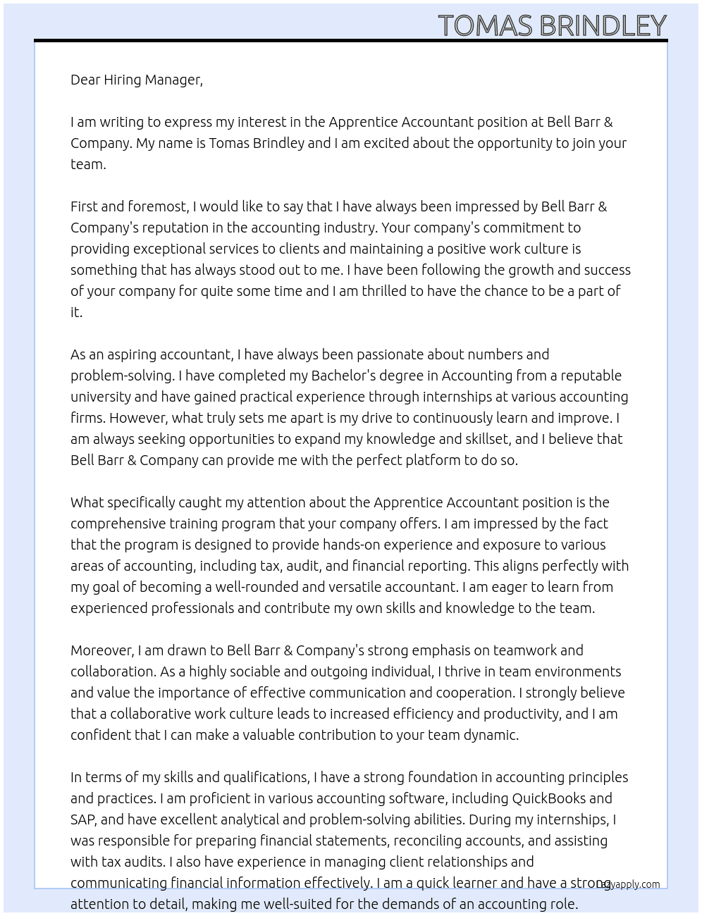 apprentice accountant At Bell Barr & Company Cover Letter