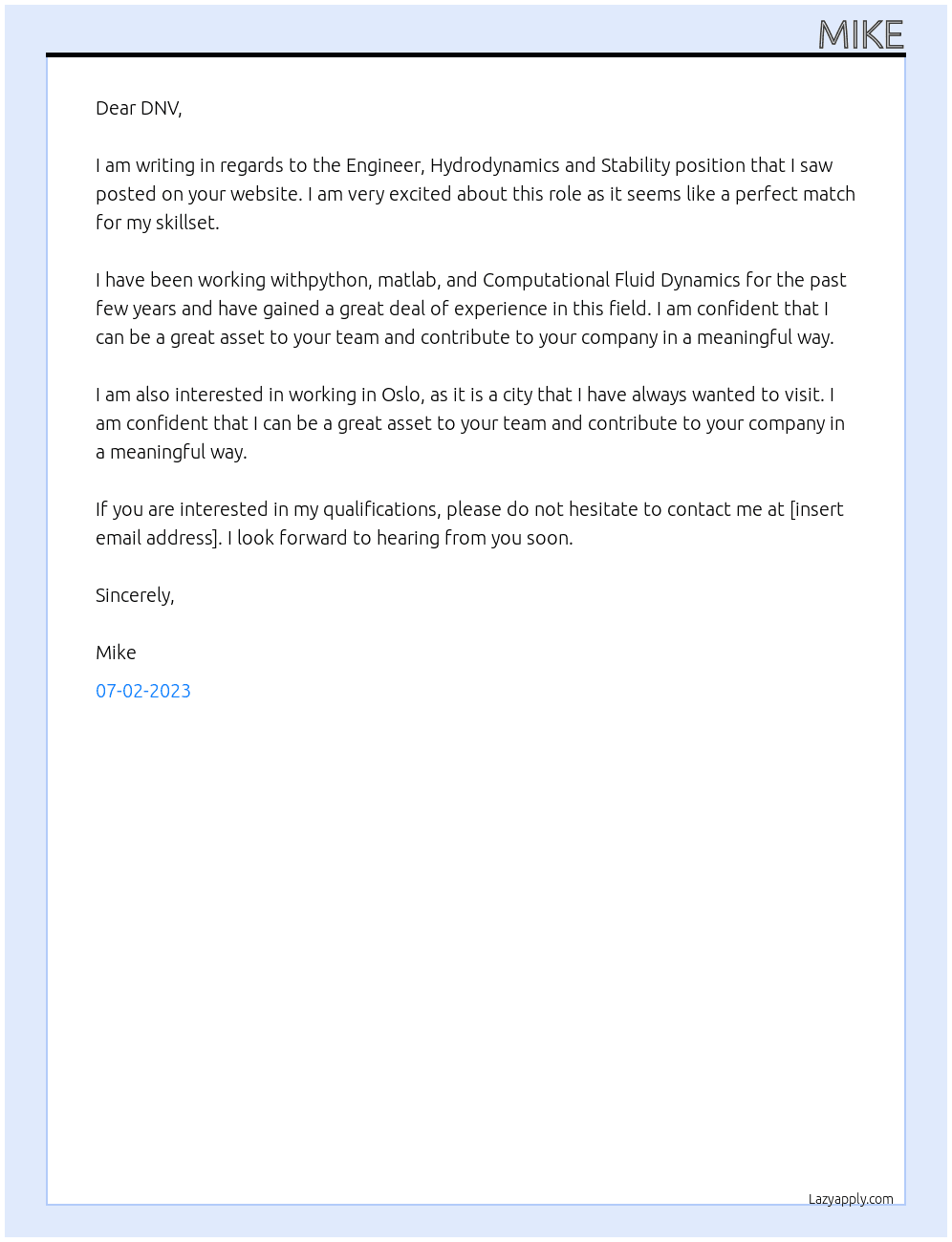 Engineer, Hydrodynamics and Stability At DNV Cover Letter