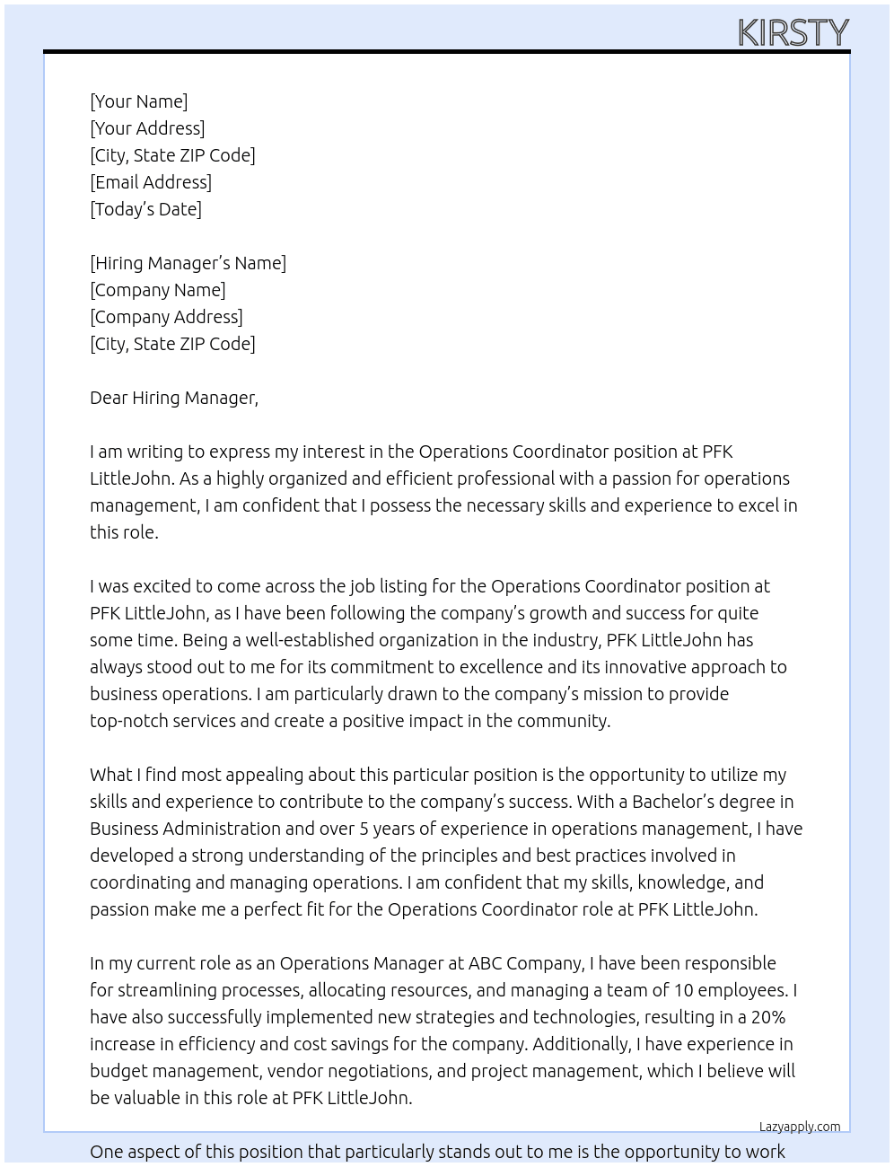 Operations Coordinator  At PFK LittleJohn Cover Letter