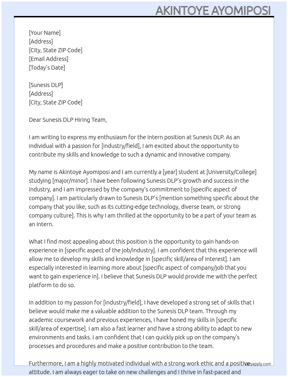 Intern At Sunesis DLP  Cover Letter