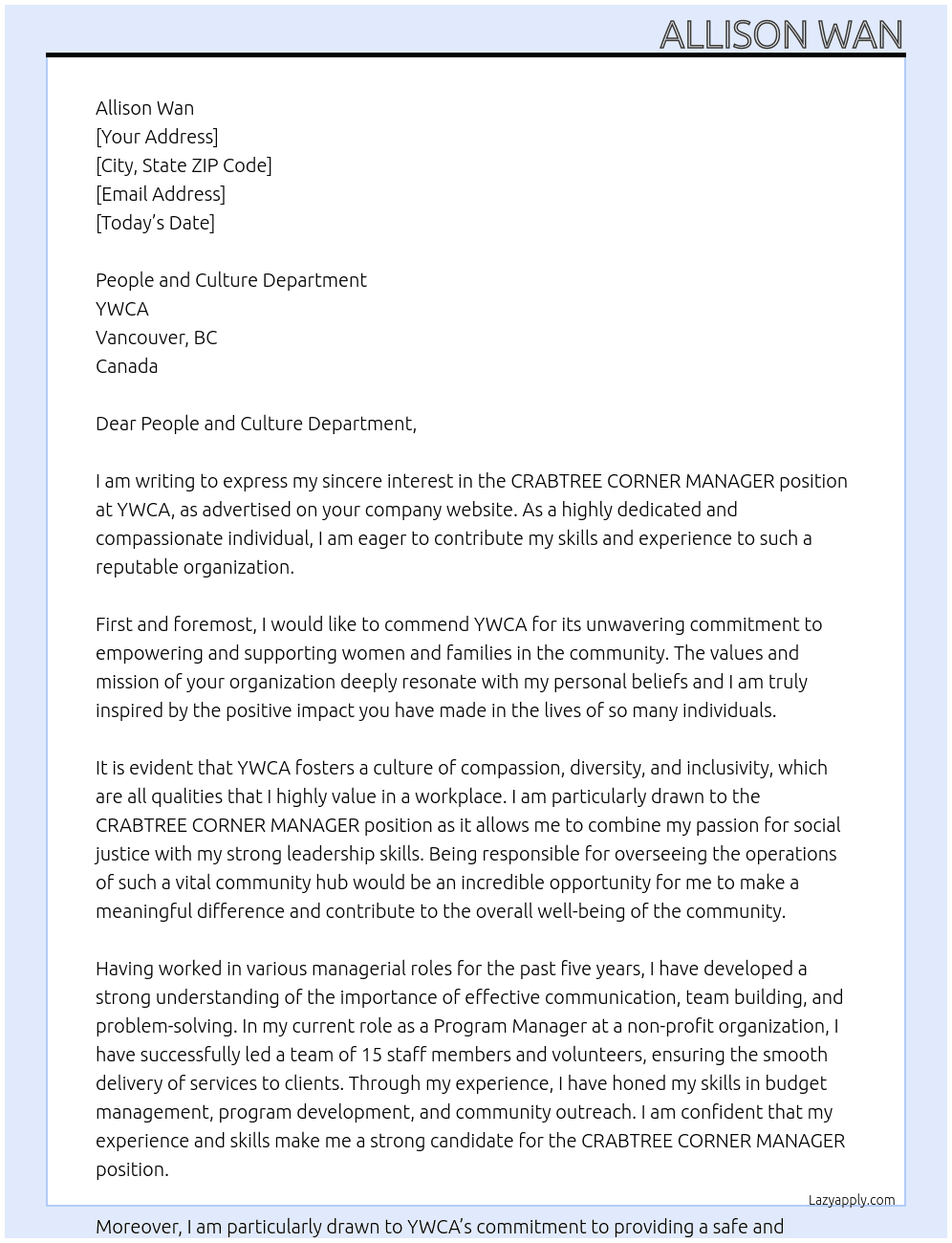CRABTREE CORNER MANAGER At YWCA Cover Letter