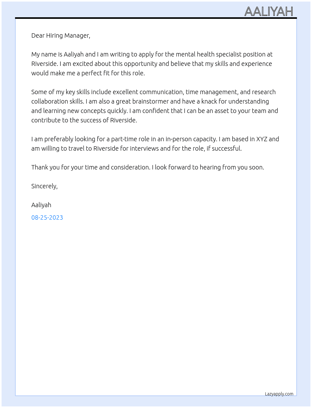 mental health specialist At riverside  Cover Letter
