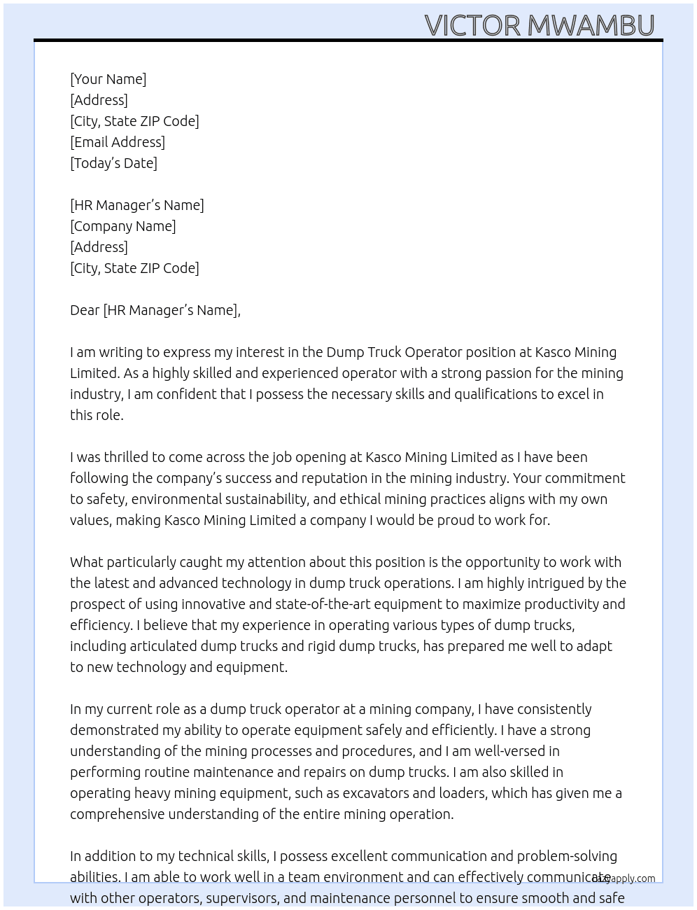 Dump truck operator  At Kasco mining Limited  Cover Letter