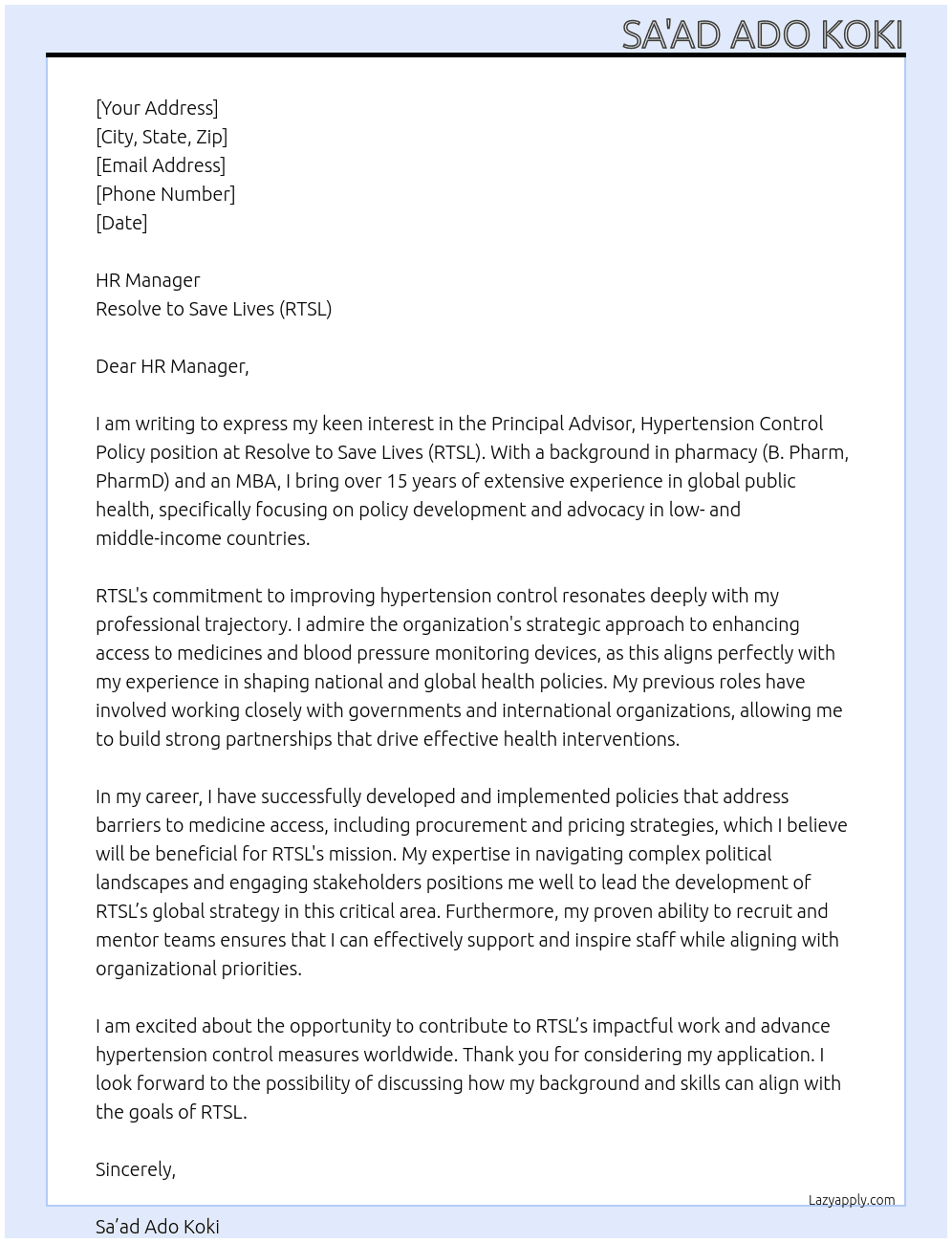 Cover letter for principal advisor, hypertension control policy - LazyApply